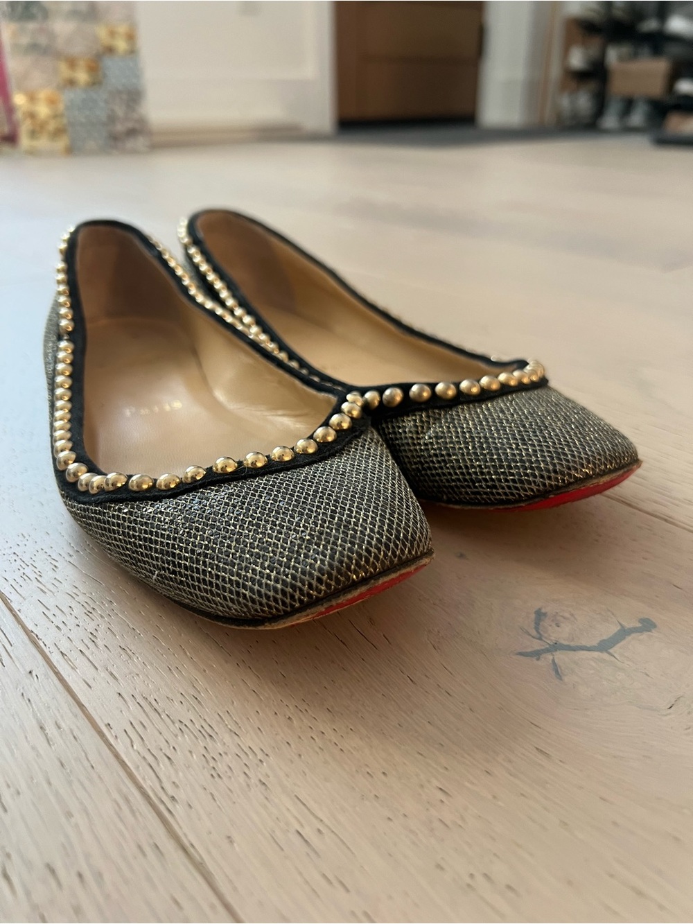 Gold Beaded Square-Toe Women’s Ballet Flats